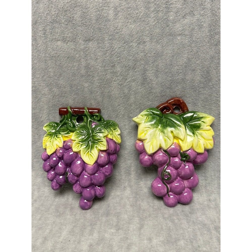 Vintage Ceramic 3D Grape Clusters Wall Decor Set Purple Green Brown Kitchen Art